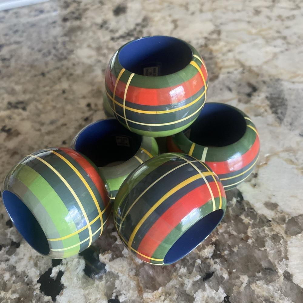 Set of 6 Green Tartain Plaid Napkin Rings Made in India‎ Christmas Cabin